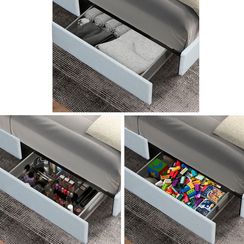 2-Drawers Storage Bed Queen Size Ivory Boucle Upholstered Platform Bed, Tufted Headboard, Wooden Slat Mattress Support