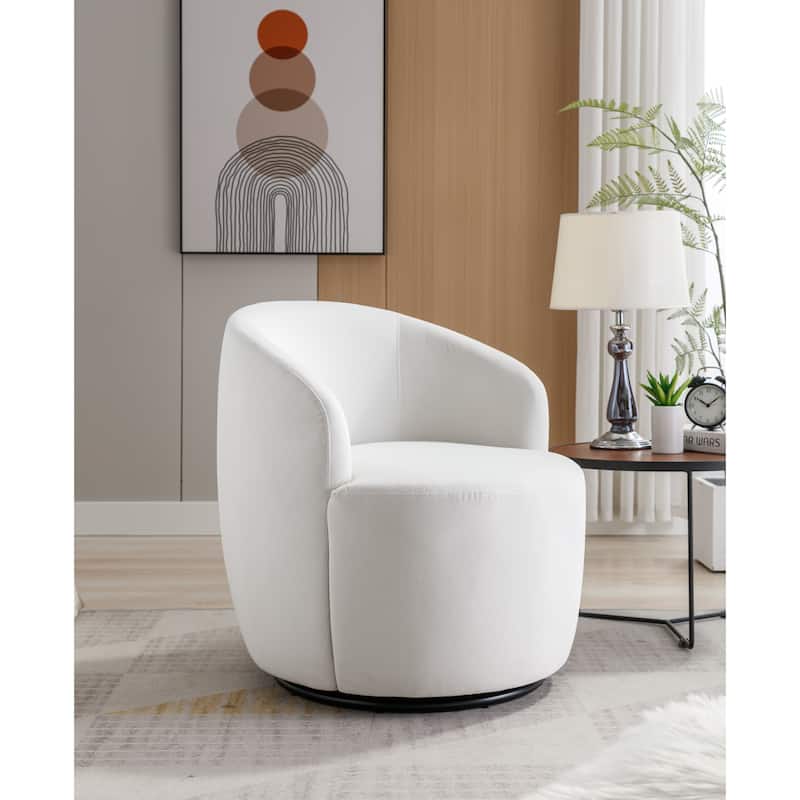 White Velvet Modern 25.6" Upholstered Swivel Barrel Chair with Black Powder Coating and Metal Ring