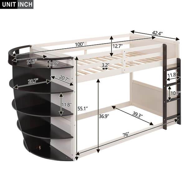 Espresso Twin Size Pine Wood Boat-Like Shape Bunk Bed with 5-Tier Storage Shelves, Guardrails, and Built-in Ladder