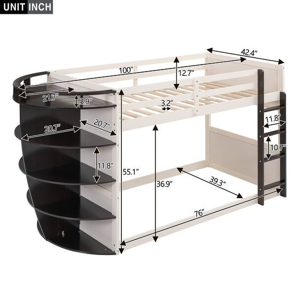 dimension image slide 0 of 2, Twin Size Pine Wood Boat-Like Shape Bunk Bed with 5-Tier Storage Shelves, Guardrails, and Built-in Ladder