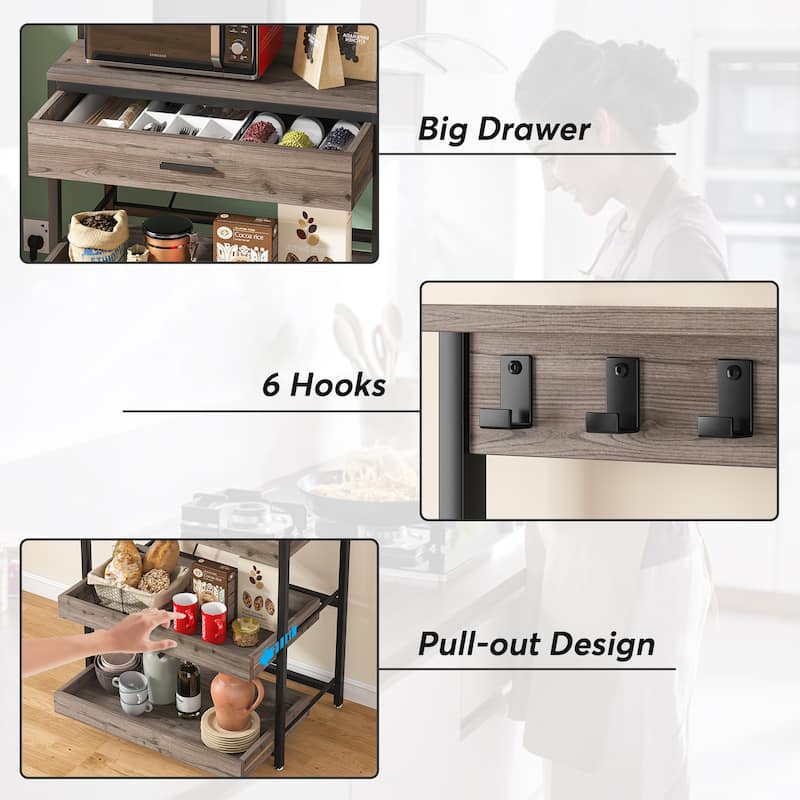5-Tier Kitchen Bakers Rack with 4 Power & USB Outlets, Microwave Stand with Drawers and Shelves