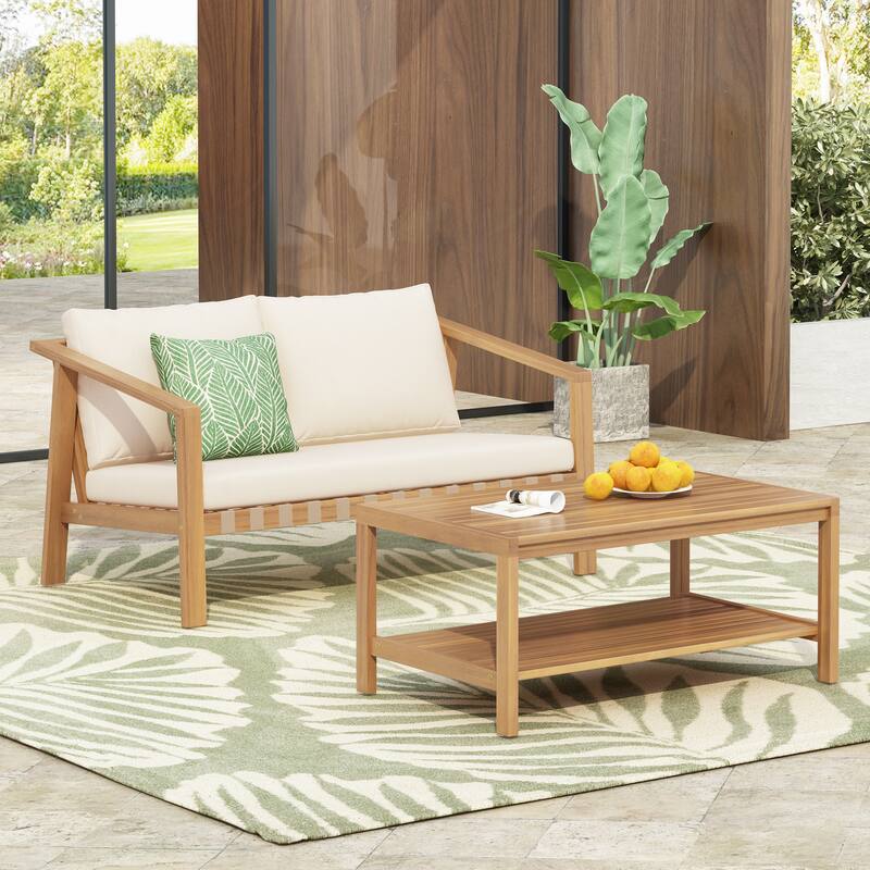 Christopher Knight Home- Mason Acacia Patio Loveseat and Coffee Table Set - Light Teak+Beige Cushion