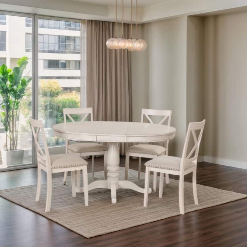 5-Piece Extendable Dining Table Set for 4 Person, Solid Wood Kitchen Table Set with 1 Extending Dining Table and 4 Chairs