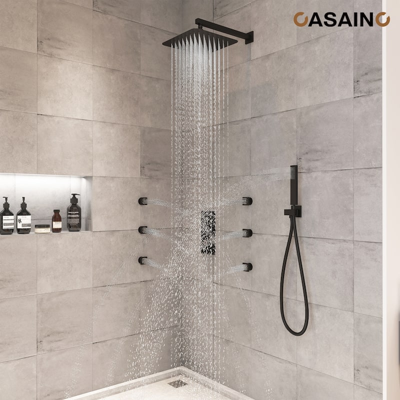 Luxury Thermostatic Shower System 1-Spray Patterns Wall Mount Fixed Shower Head and Handheld Spray with 6 Body Jets - 12" x 12" - Matte Black