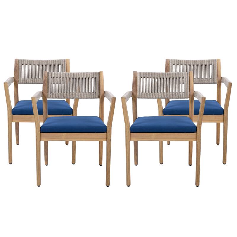 Roomfitters Outdoor Braided Acacia Wood Dining Chairs with Beige Rope Weave and Water-Resistant Cushions, Navy