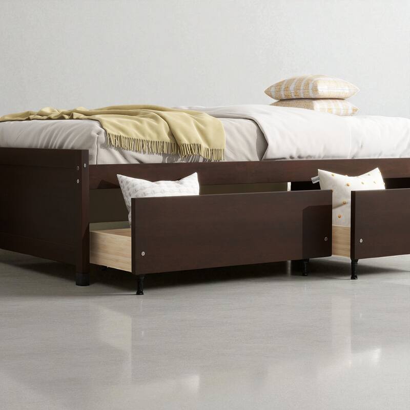 Twin Bed with Storage Drawers, Solid Rubberwood Platform, 10 Slats, No Box Spring Needed, Kids & Guest Room, 76.6"x41.6"