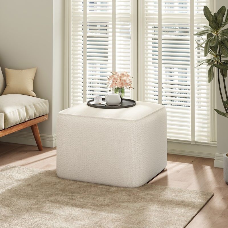 Boucle Upholstered Square Ottoman - White Soft Living Room Accent