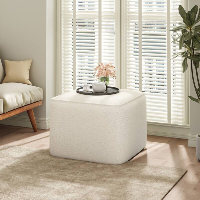 Upholstered Square Ottoman, White, Boucle