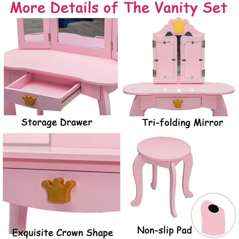 Kids Vanity Table with Tri-Folding Mirror & Drawer Makeup Desk