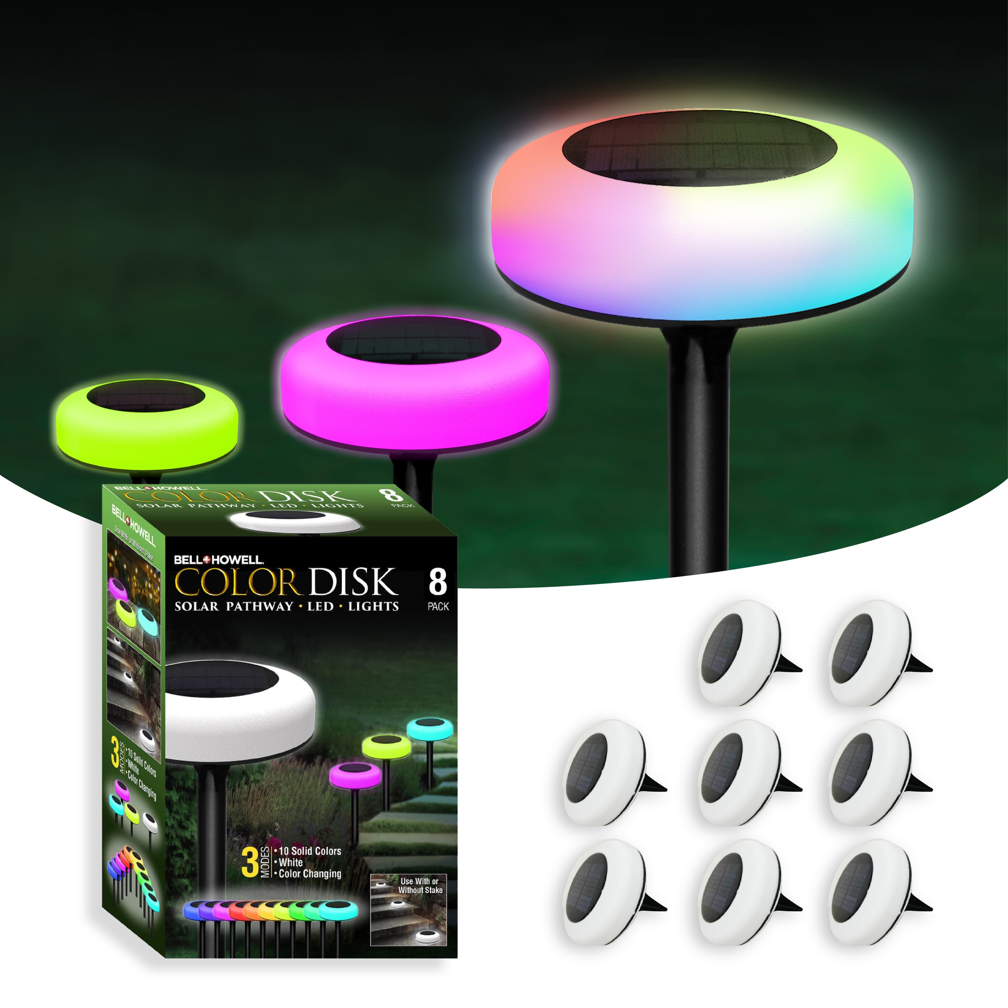 Bell + Howell Color Changing Solar Disk Lights, 8-Piece Waterproof LED Outdoor Pathway and Landscape Lighting - Multi