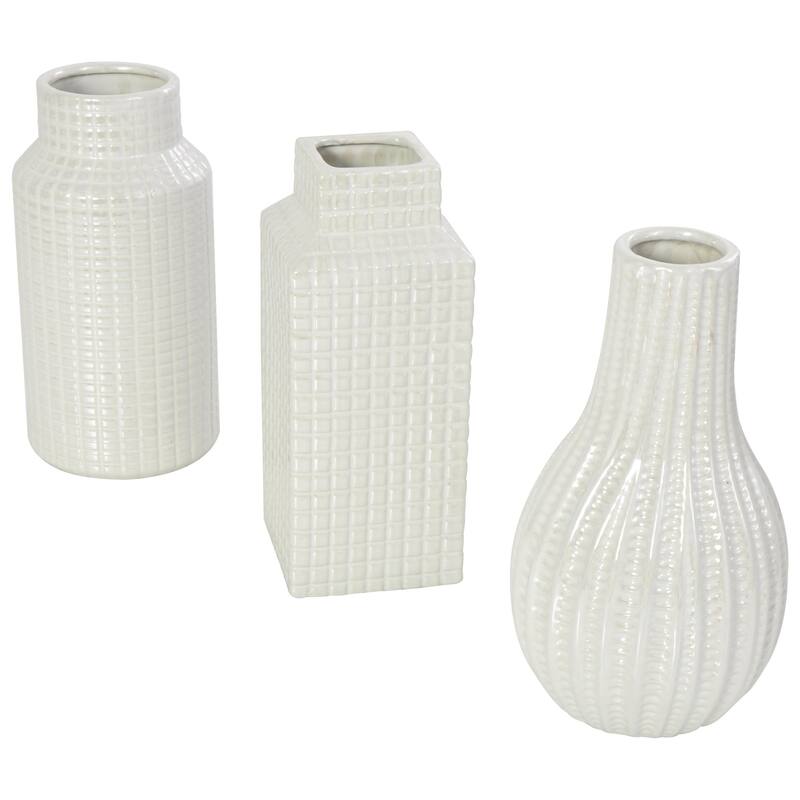 Ceramic Geometric Dimensional Textured Decorative Vase with Varying Shapes - Set of 3 Gold, Silver, Cream - Roche River Decor