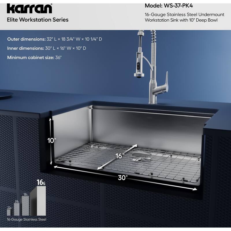 Karran USA WS-37-PK4 Elite Workstation 32" Undermount Single Basin