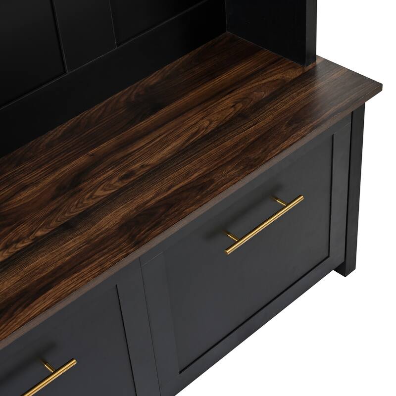 Entryway 4-in-1 Hall Tree with Bench and Shoe Storage, Wood Coat Rack Cabinet with Hooks & Anti-Tipping