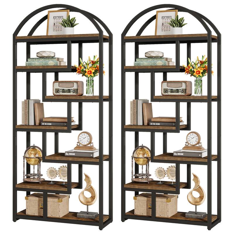 71" Tall Arched Bookshelf, 7 Shelf Industrial Etagere Bookcase for Bedroom, Living Room, Home Office - 2-Pieces