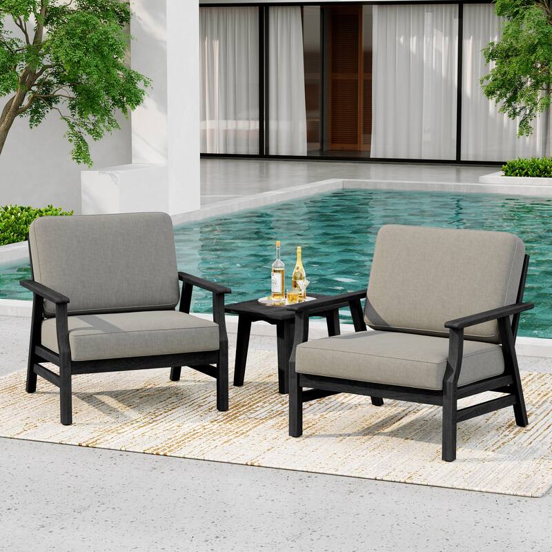 3-Piece Teak Outdoor Conversation Set with Cushions and Side Table - Light Camel/Black Frame - Black Frame