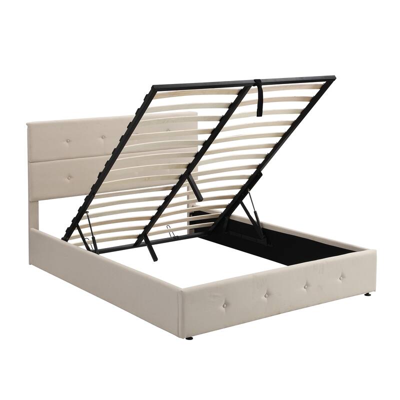 Queen Size Upholstered Platform Bed with Storage Underneath, Metal Bed