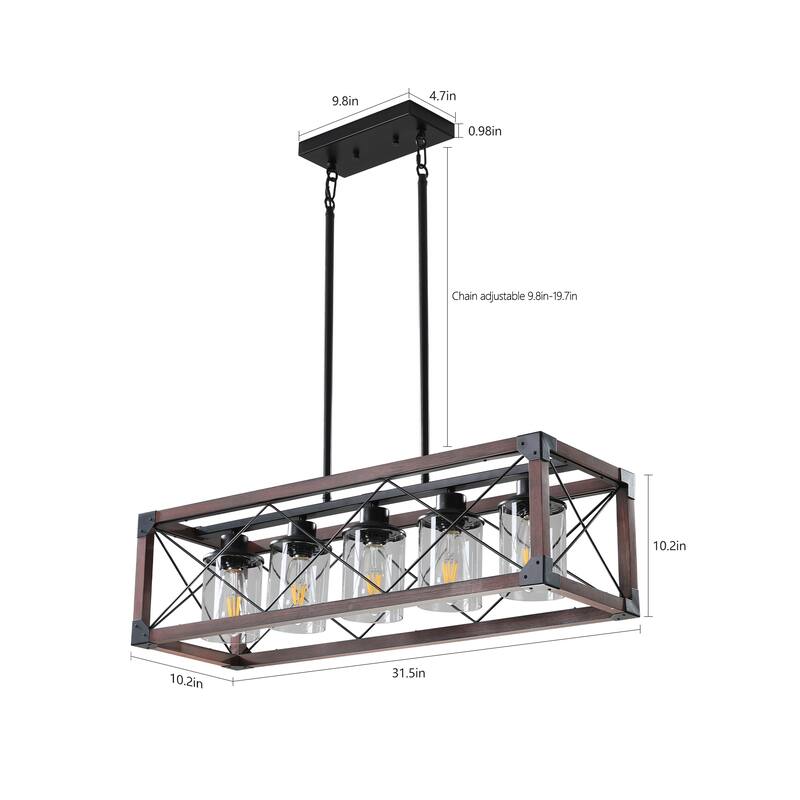 32" Red Wood Industrial Farmhouse Rectangle Pendant Light, 5-Light Chandelier with Lampshade for Dining Room, Kitchen Island