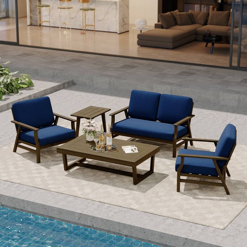 Modern Wood Cushioned Outdoor Patio Sofa Loveseat with Coffee Table - Loveseat Set - Navy