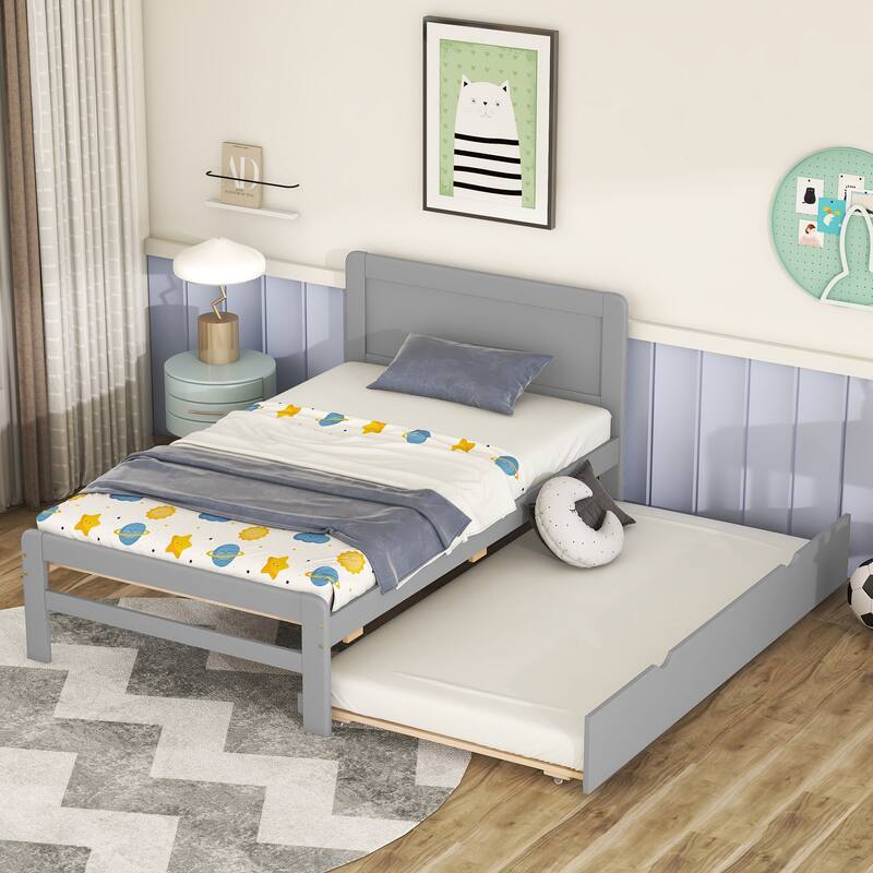 Grey Wood Twin Size Platform Bed Frame with Trundle, Rubberwood & Plywood Construction, Modern Design, Space-saving - Grey