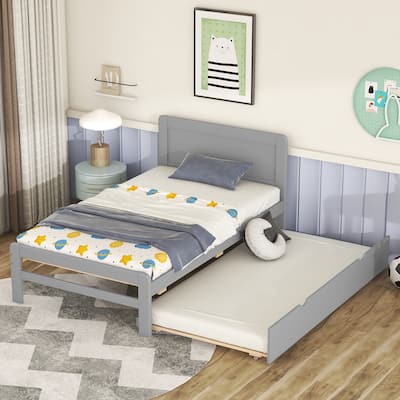 Grey Wood Twin Size Platform Bed Frame with Trundle, Rubberwood & Plywood Construction, Modern Design, Space-saving
