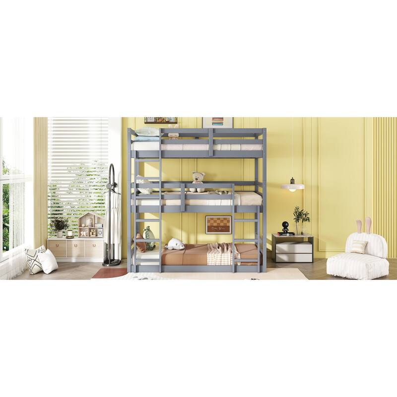Roomfitters Triple Rubber Wood Bunk Bed, Detachable Twin over Twin over Twin with Ladders and Guardrails