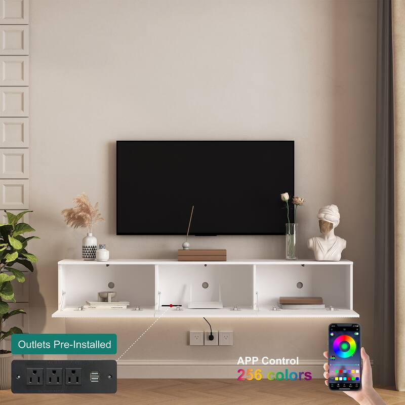 69" Modern TV Stand, Floating TV Stand Wall Mounted with 16 Color LED, Versatile TV Cabinet Entertainment Center with Storage