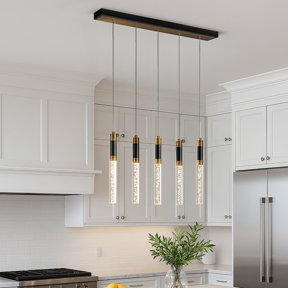 12'' Modern 5-Light Seeded Bubble Glass Cluster Integrated LED Staircase Chandelier Pendant Light In Matte Black