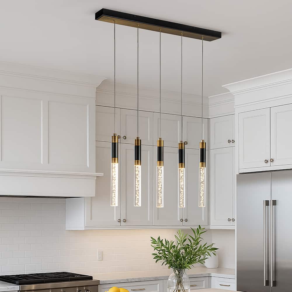 12'' Modern 5-Light Seeded Bubble Glass Cluster Integrated LED Staircase Chandelier Pendant Light In Matte Black - W12''