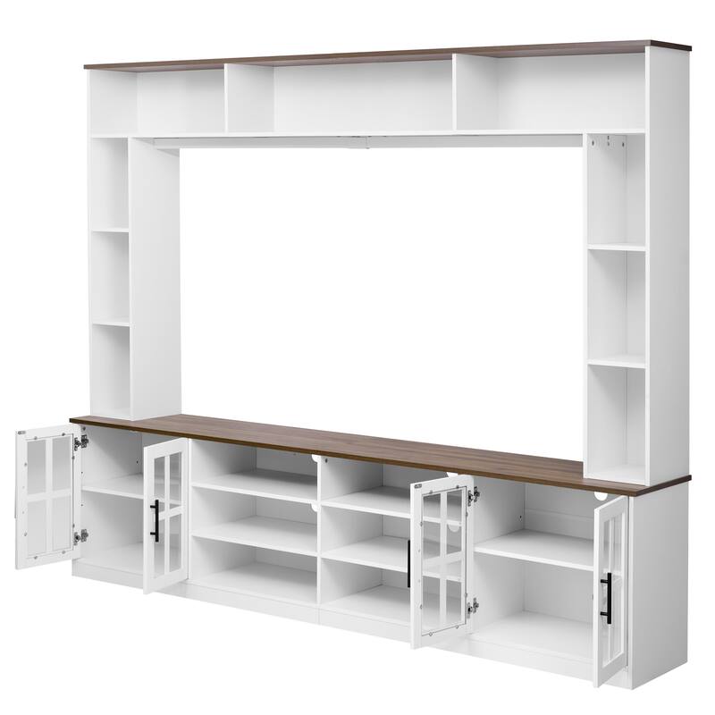 95.5" Entertainment Center for TVs up to 80", Media Console with Tempered Glass Doors & Bookshelves