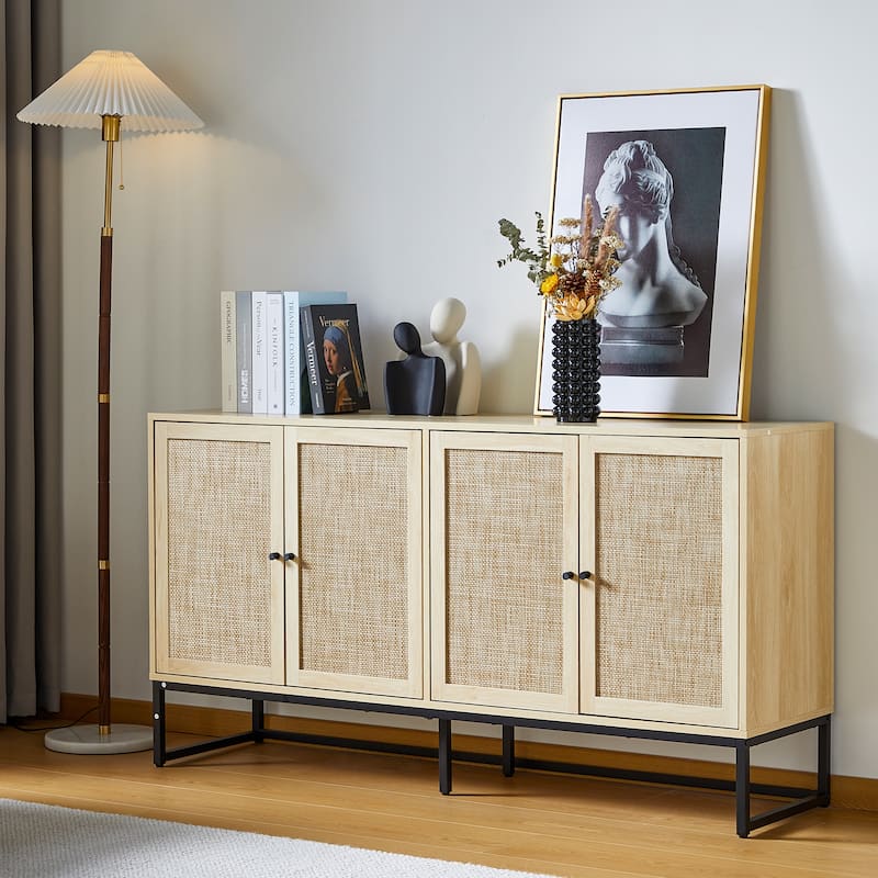Wood Rattan 4-Door Buffet Sideboard With Storage