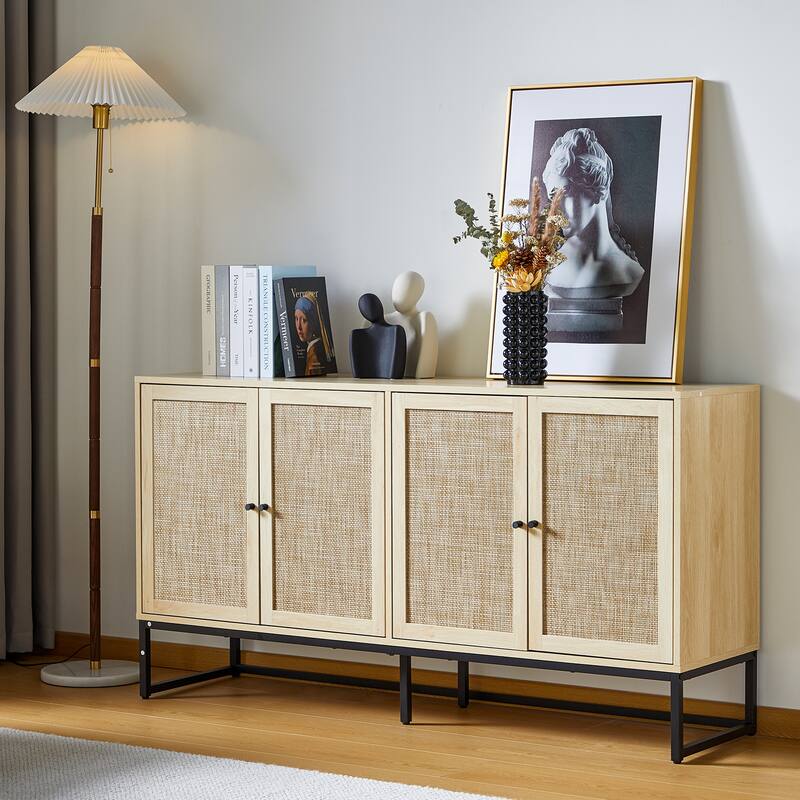 Wood Rattan 4-Door Buffet Sideboard With Storage