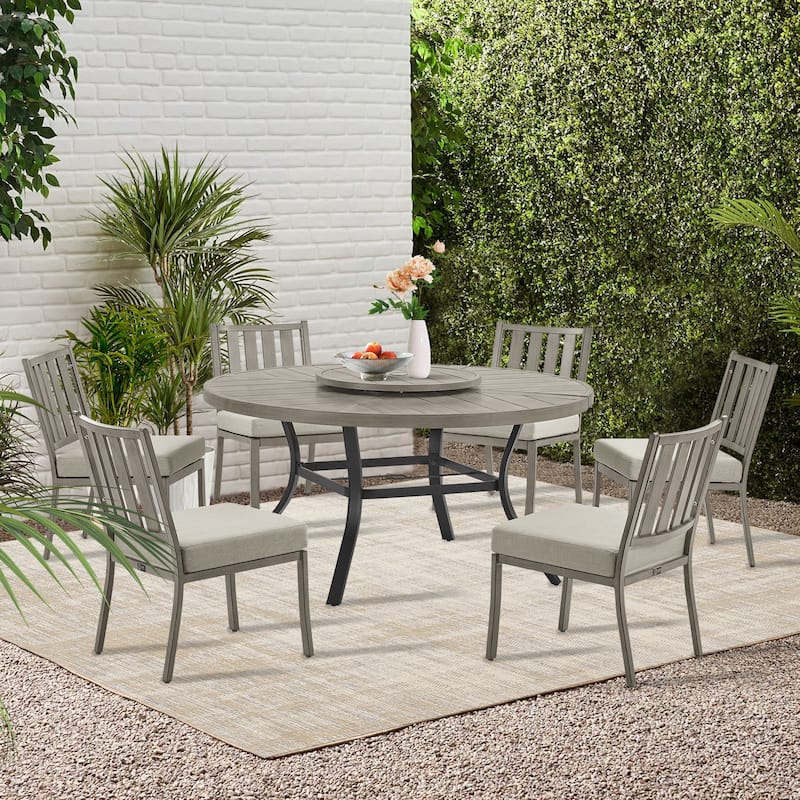 Patio Aluminum Round 59.5" Dining Table Set With Removable Lazy Susan - Oak