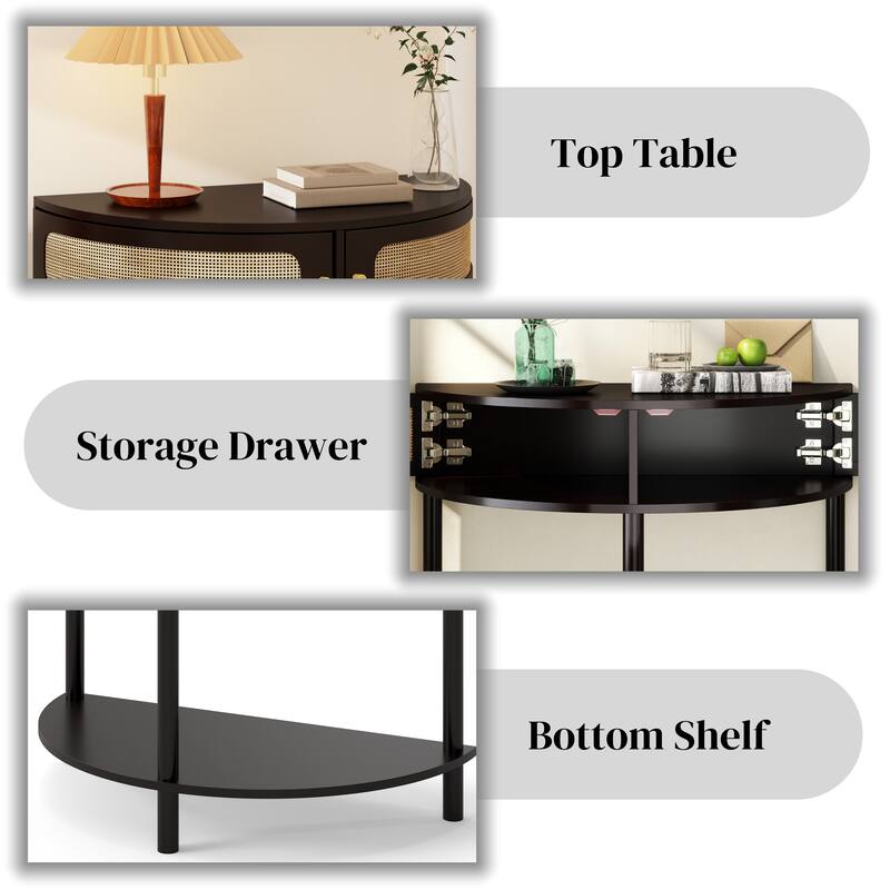 31.88" Half Moon Shaped End Table, Solid Wood Semi Circle Entryway Console Table with 2 Rattan Doors and Bottom Shelf