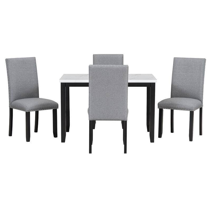 Modern Faux Marble Dining Table Set with 4 Comfortable Upholstered Chairs - Perfect for Home or Kitchen