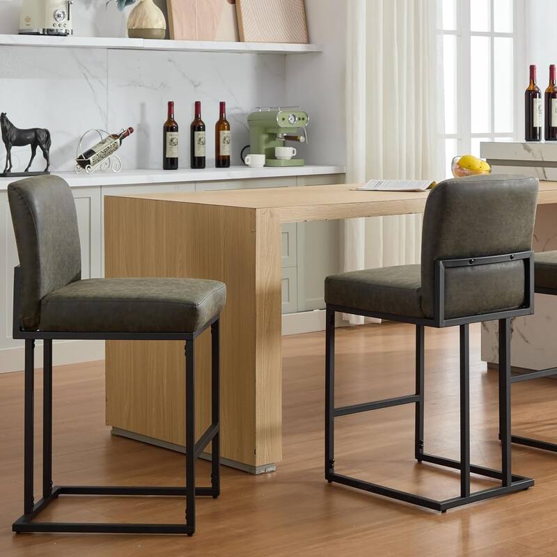 Bar Stools Set of 2, 24" Seat High Counter Height Leather Barstools - Grey