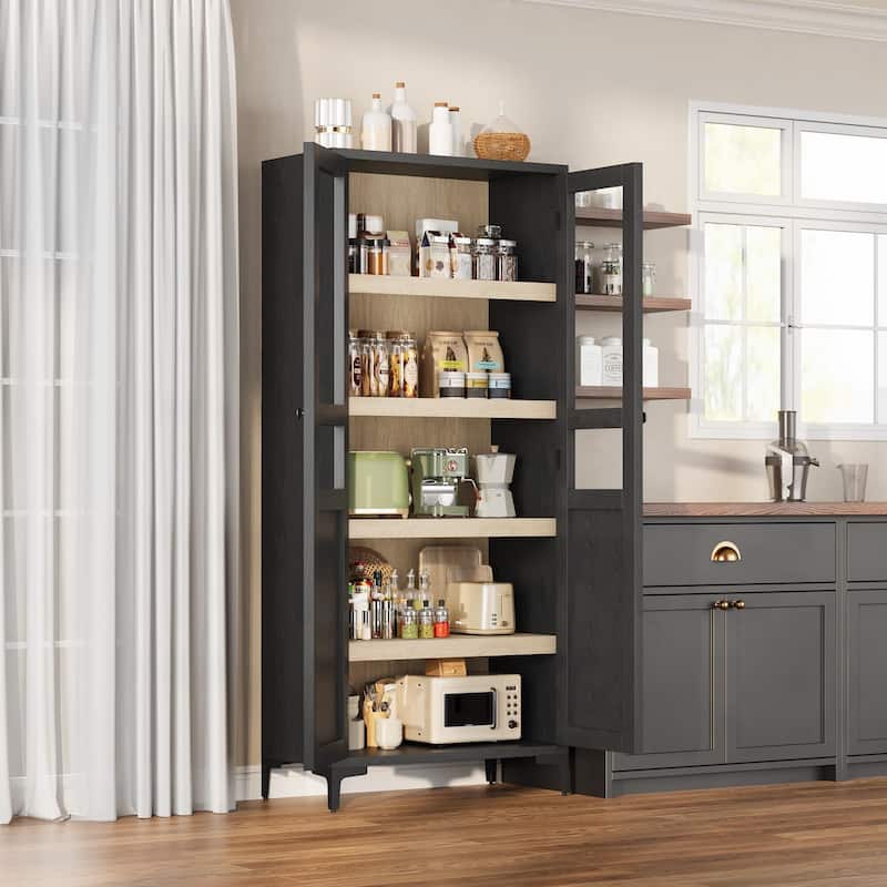 Tall Storage Cabinet,2 Glass Doors, Kitchen Pantry 5 Tier Bathroom Cabinet