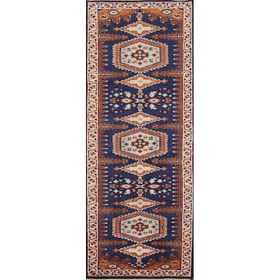 Blue Geometric Viss Oriental Runner Rug Handmade Wool Carpet - 2'7"x 7'10"