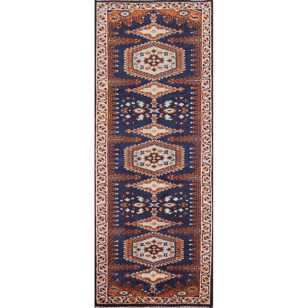 Blue Geometric Viss Oriental Runner Rug Handmade Wool Carpet - 2'7"x 7'10"
