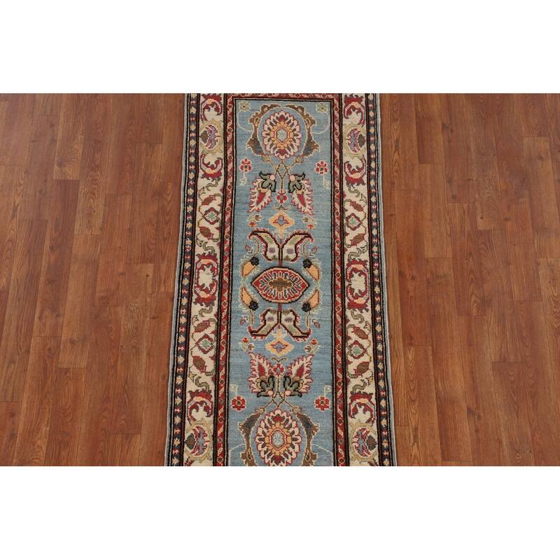 Light Blue Kazak Oriental Runner Rug Hallway Handmade Wool Carpet - 2'1" x 5'7"
