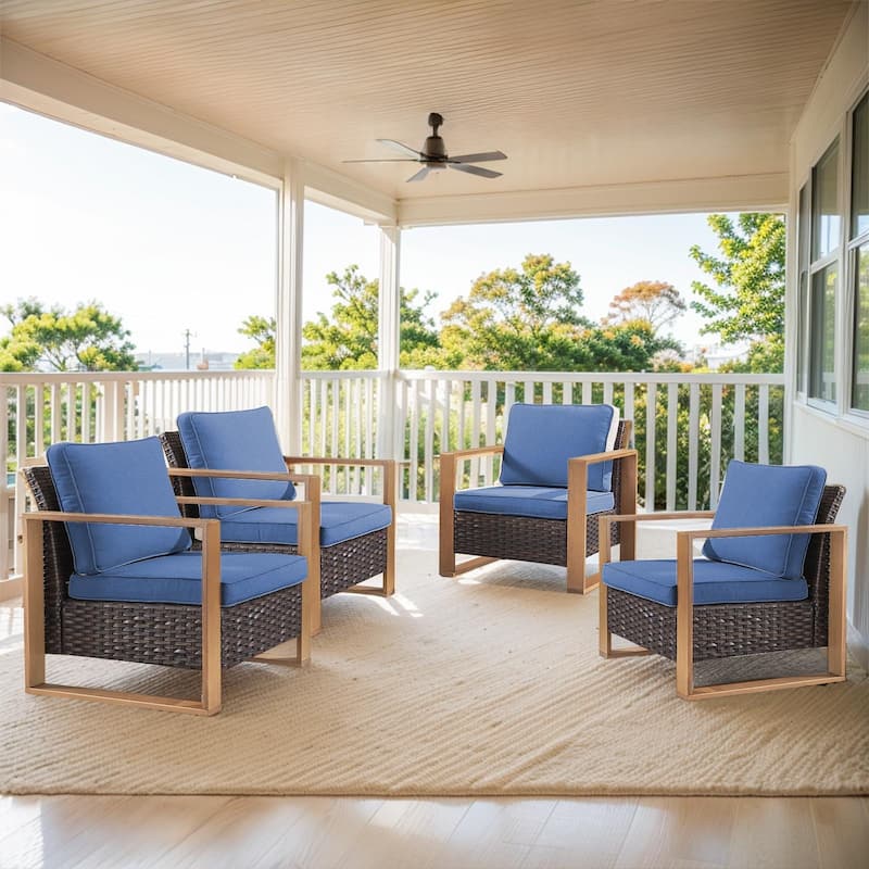 Gymojoy Patio Chairs Set of 4 All-Weather Rattan Chair - Brown - Brown - Blue
