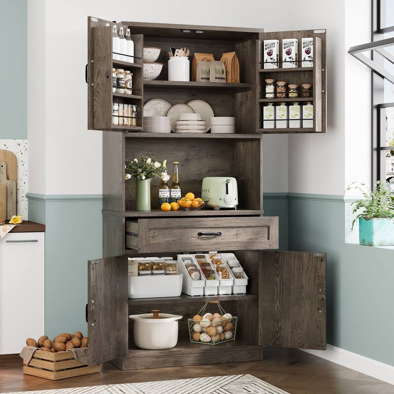 Gymojoy 70" Farmhouse Kitchen Pantry Cabinet With Operation Table & Power Outlet, Freestanding Cupboard