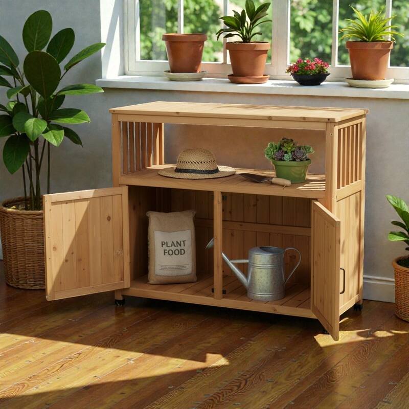 Wooden Patio Bar Table with Storage Cabinet, Solid Wood Outdoor Buffet Sideboard for Patio, Deck and Backyard