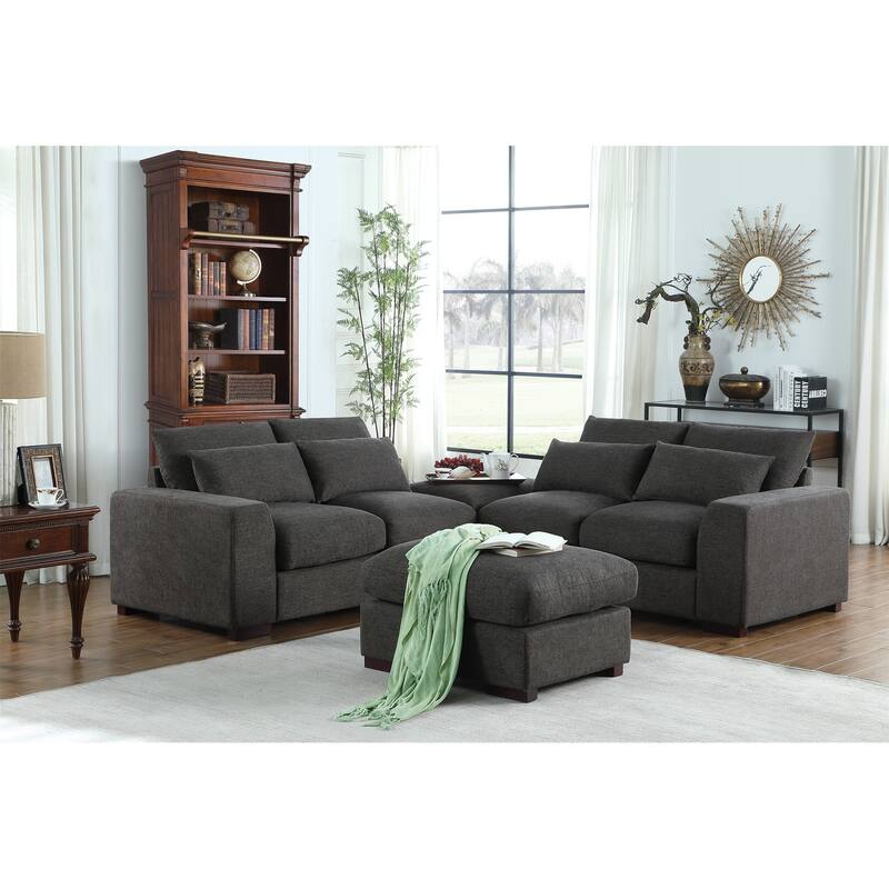 Linen Blend Sectional with 2 Ottomans