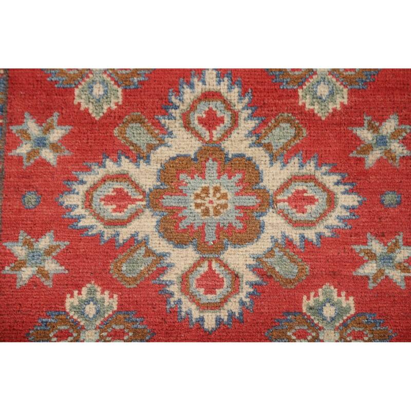 Geometric Kazak Runner Rug Hand-Knotted Traditional Red Wool Carpet - 2'1" x 5'10"