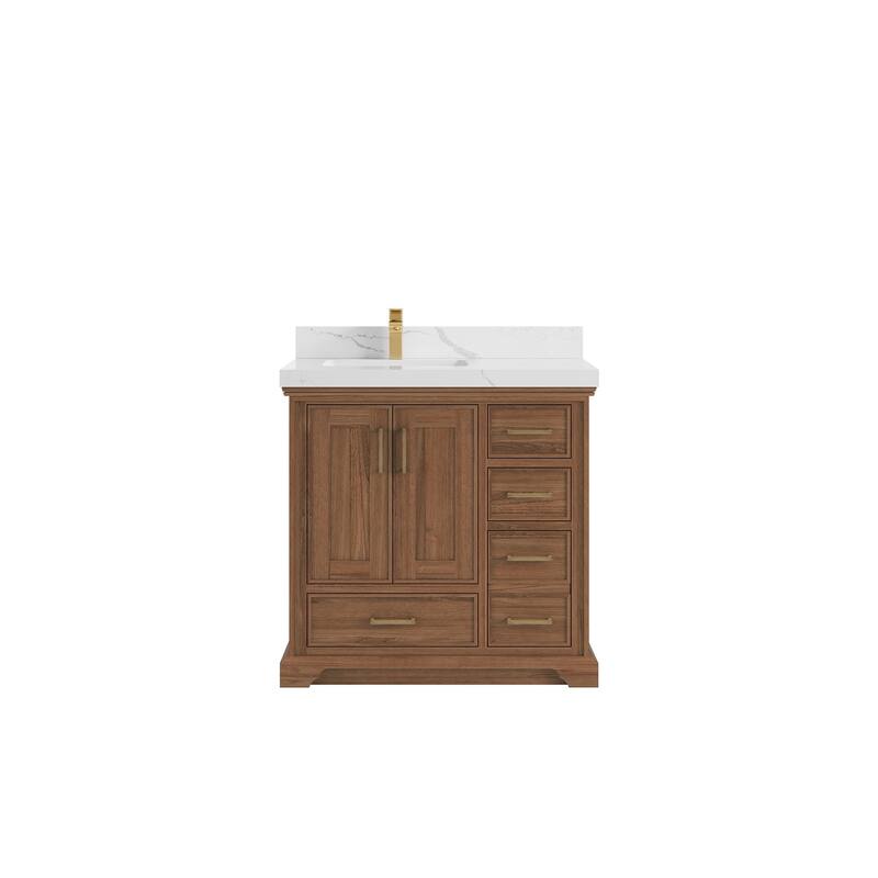 Willow Collections 36 in. W x 22 in. D Charlotte Teak Left Offset Sink Bathroom Solid Teak Vanity with Countertop - 2”Calacatta Laza - Dark Natural