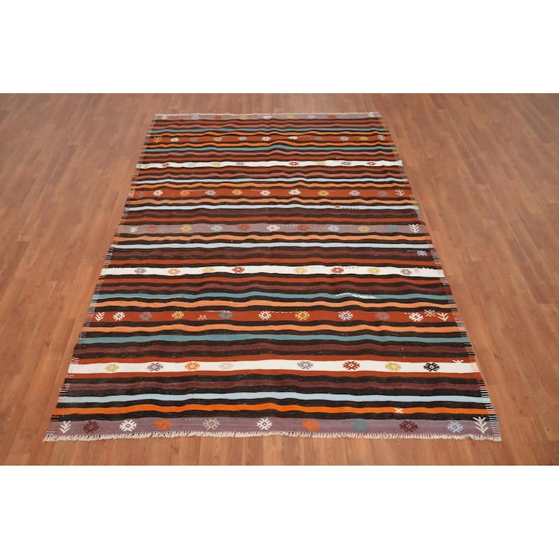 Hand Woven Oriental 100% Wool Carpet Southwestern Tribal Oranges & Rust Kilim Area Rug - 8' 2'' X 5' 10''