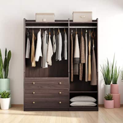 Open Wardrobe Closet with Dual Hanging Rods, 5 Shelves, and 3 Drawers, 52.4" Wide Bedroom Storage Organizer