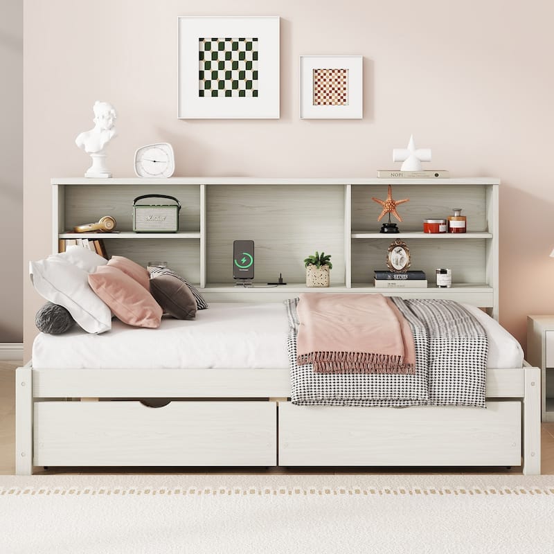 Bed Frame With Side Bookshelves,Two Drawers And Built-in USB Port