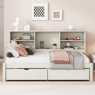 Twin Size Daybed Rubberwood Sofa Bed Frame with Side Bookshelves, 2 Drawers and Built In USB Ports