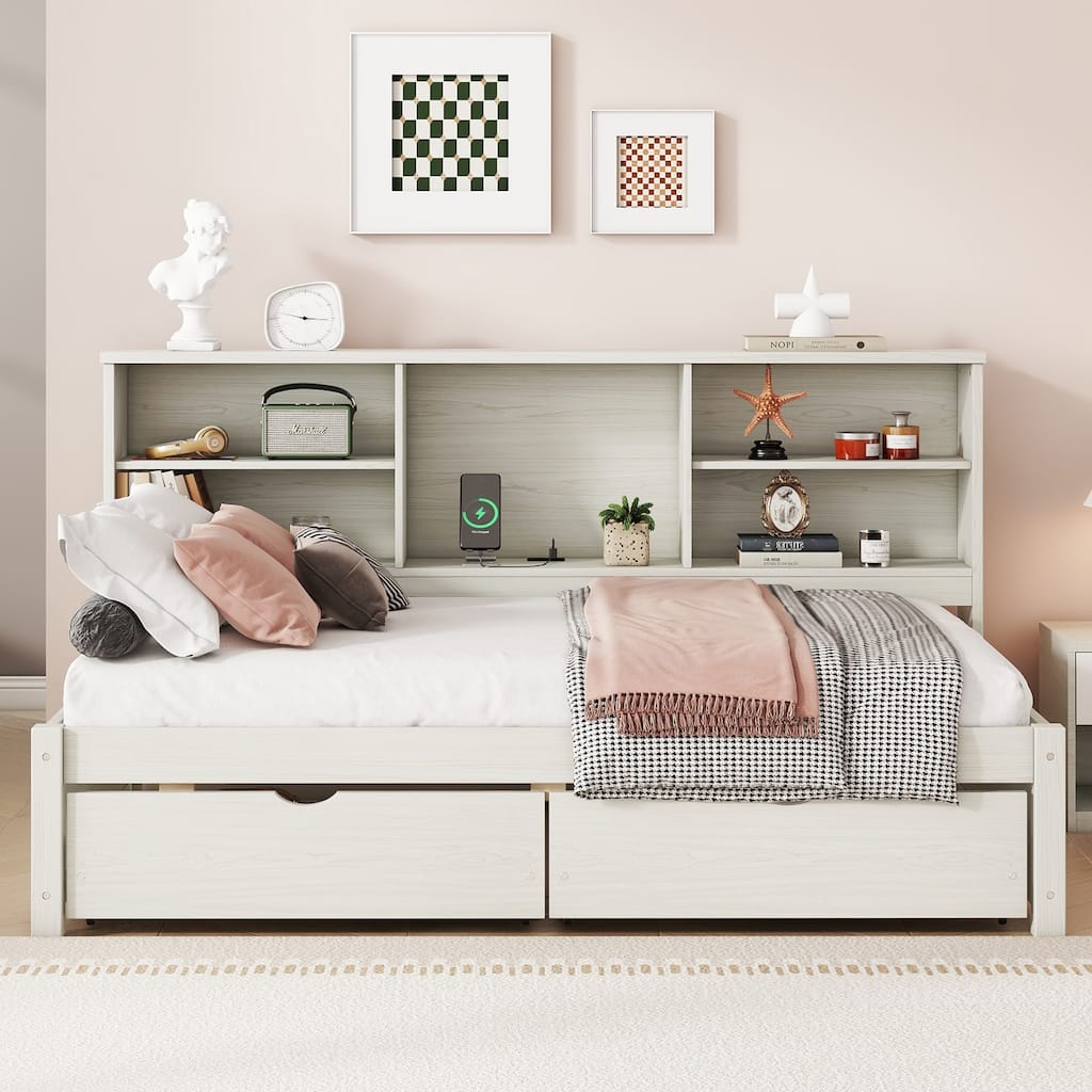 Twin Size Daybed Rubberwood Sofa Bed Frame with Side Bookshelves, 2 Drawers and Built In USB Ports